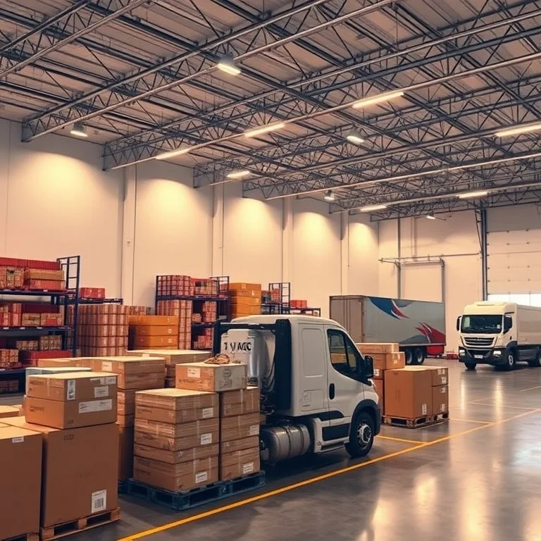 An automated, driverless heavy-duty truck with glowing accents navigating a complex, multi-level logistics yard under a starry, deep blue sky. Focus on efficiency, autonomy, and heavy-duty transport. Style: Industrial sci-fi, realistic yet futuristic, strong contrasting lighting.